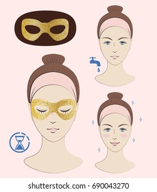 Instruction: How to apply anti wrinkles eye mask. Golden eye mask. Skincare. Vector isolated illustration