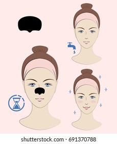 Instruction: How to apply blackhead patch. Skincare. A vector illustration.