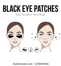 Instruction: How to apply cosmetic Black patches under the eyes. Skincare. Vector illustration. Hand drawn beautiful woman portrait. Fashion women. Sketch. Spa beauty concept