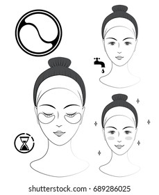 Instruction: How to apply cosmetic patches under the eyes. Skincare. Black and white vector illustration.