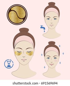 Instruction: How to apply cosmetic patches under the eyes. Golden patches. Skincare. Vector isolated illustration.