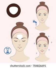 Instruction: How to apply cosmetic patches on a forehead. Skincare. Vector isolated illustration.