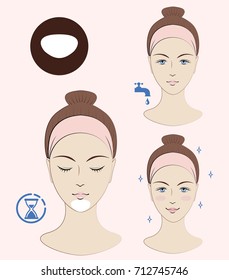 Instruction: How to apply cosmetic patches on a chin. Skincare. Vector isolated illustration.