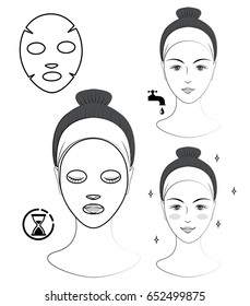 Instruction: How to apply facial sheet mask. Skincare. Vector isolated black and white illustration. Line art.