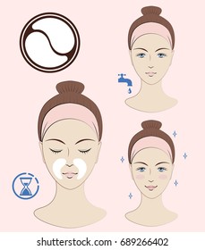 Instruction: How to apply nasolabial cosmetic patches. Skincare. Vector isolated illustration.