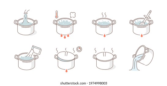 Instruction How to Boiling Something in Cooking Pot. Boiled Steamed Water in Kitchen Saucepan. Cooking Instructions Symbols. Flat Line Vector Illustration and Icons set.