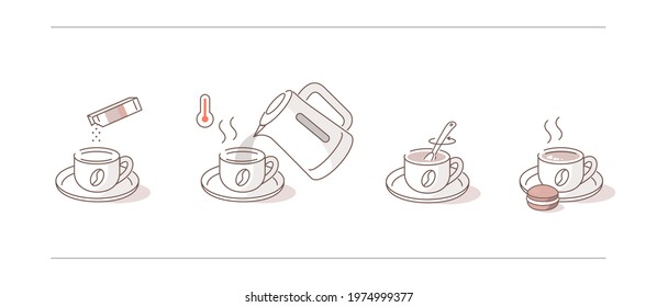 Instruction How to Brewing Instant Coffee. Pour Coffee Granules Mixture in Cup, Add Boiling Water, Wait for few Minutes. Cooking Direction for Hot Drink. Flat Line Vector Illustration and Icons set.