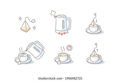 Vecteur Stock Tea brewing icons of preparing teabag and tea brew
