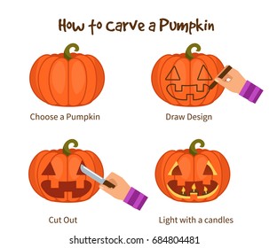 Instruction how to carve halloween pumpkin. Flat style vector illustration isolated on white background.