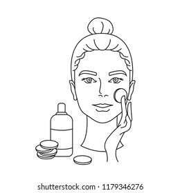 Instruction how clean face with cleansing foam and cotton wheels. Massage lines.  Line art. Beauty industry. Skin care. Black outline icon set isolated on white background. 