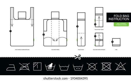 Instruction how to fold step by step eco bag, foldable reusable shopping bags. Concept with instructions how to fold reusable eco bags for print on a care Labels.