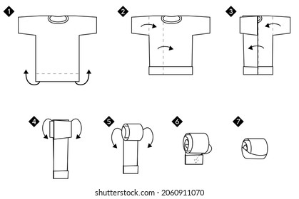 Instruction how to fold t-shirt. Compact clothes storage vector monochrome black line illustration.