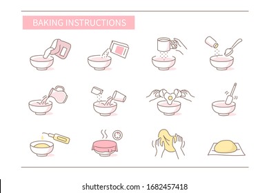 Instruction How to Prepare and Cook Dough for Bakery. Baking Ingredients and Food Preparation Symbols. Dough Flour Recipe. Flat Vector Illustration and Icons set.
