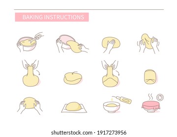 Instruction How to Prepare and Cook Dough for Bakery. Baking Ingredients, Utensil and Food Preparation Symbols. Dough Flour Recipe. Flat Vector Illustration and Icons set.