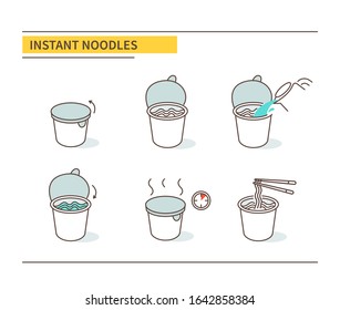 Instruction How to Prepare and Cook Dry Instant Noodle Soup. Ramen Noodles in Cup with Flavoring.  Eat with Chopstick. Flat Vector Illustration and Icons set. 