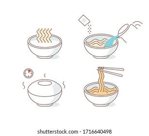 Instruction How to Prepare and Cook Dry Instant Noodle Soup. Ramen Noodles in Bowl Cup with Flavoring. Eat with Chopstick. Flat Vector Illustration and Icons set.
