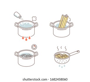 Anleitung Vorbereitung und Kochen Pasta. Kochrichtung für Spaghetti. Legen Sie Noodle in Pot mit Wasser, Salz, aus der Hitze entfernen und Colander verwenden. Flache Vektorillustration Illustration und Symbole gesetzt.