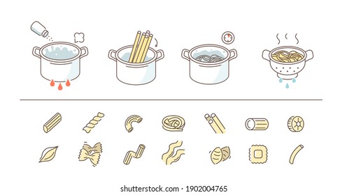 Anleitung Vorbereitung und Kochen Pasta. Kochrichtung für Spaghetti und Variety Italienische Nudeln und Nudeln Symbole. Set für Vektorgrafiken und Symbole mit Flachzeile.