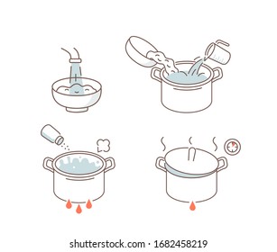 
Instrucción Cómo preparar y cocinar arroz. Dirección de cocción para el arroz ideal. Arroz a través del agua corriente, Colocar los cereales en la olla y Cocinar bajo calor. Ilustración vectorial plana e Iconos.