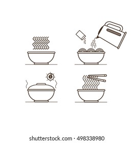 Instruction how to prepare instant noodles. Vector illustration.