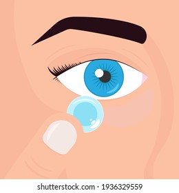 Instruction how to put on a contact lens. Putting on a contact lens on eye. Vector illustration 