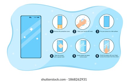 Instruction how to put a screen glass protector on the smartphon. Touchscreen safety. Manual for cellphone user. Flat cartoon vector illustration