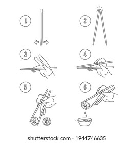 Instruction how to use chopsticks Eating sushi food with special tool guide. Vector thin line icon.