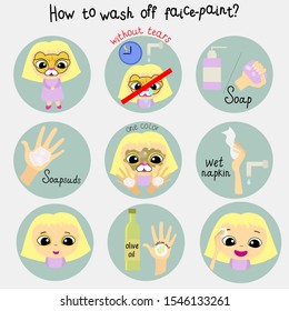 Instruction. How to wash off face-paint?Drawing on the face. Badge. Without tears. Stages of removing paint from the face. 