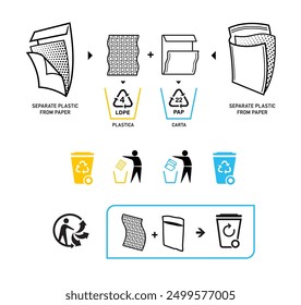 Instruction icon set for recycling padded envelopes and bubble mailers. Vector elements are made with high contrast, well suited to different scales. Ready for use in your design. EPS10.