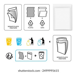 Instruction icon set for recycling padded envelopes and bubble mailers. Vector elements are made with high contrast, well suited to different scales. Ready for use in your design. EPS10.