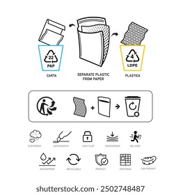 Instruction icon set for recycling padded envelopes and bubble mailers. Vector elements are made with high contrast, well suited to different scales. Ready for use in your design. EPS10.