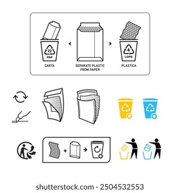 Instruction icon set for recycling padded envelopes and bubble mailers. Vector elements are made with high contrast, well suited to different scales. Ready for use in your design. EPS10.