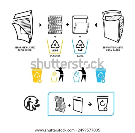 Instruction icon set for recycling padded envelopes and bubble mailers. Vector elements are made with high contrast, well suited to different scales. Ready for use in your design. EPS10.