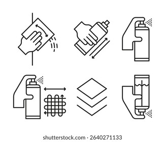 Instruction icons for using spray paint: surface cleaning, shaking the can, spraying evenly, applying layers, and proper distance technique.
