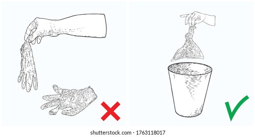 Instruction illustration, how to discard medical used protective gloves correctly for prevention coronavirus COVID-19 infection spread. No litter concept. 