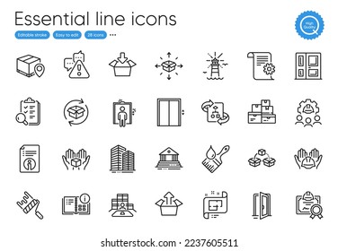 Instruction info, Lighthouse and Parcel tracking line icons. Collection of Skyscraper buildings, Entrance, Architectural plan icons. Technical info, Warning, Open door web elements. Vector