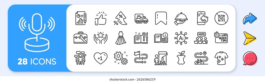 Instruction info, Quick tips and Bike path line icons. Interest rate, AI generate, Inflation icons. Pack of Dress, Report document, Microphone icon. Vector