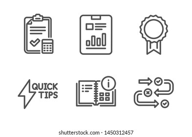 Instruction info, Quickstart guide and Report document icons simple set. Accounting checklist, Reward and Survey progress signs. Project, Lightning symbol. Education set. Line instruction info icon