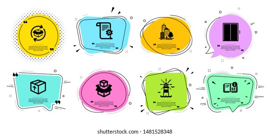 Instruction info, Return parcel and Packing boxes line icons set. Chat bubbles with quotes. Lighthouse, Skyscraper buildings and Lift signs. Package, Technical documentation symbols. Vector