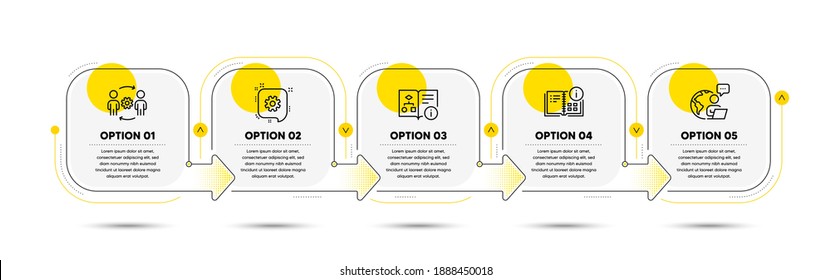 Instruction Info, Technical Algorithm And Engineering Team Line Icons Set. Timeline Process Flowchart. Cogwheel Sign. Project, Project Doc, Engineer Person. Engineering. Industrial Set. Vector