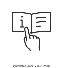 Instruction, linear icon. Finger flips through a book of instructions. Read the instruction book. Line with editable stroke