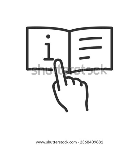 Instruction, linear icon. Finger flips through a book of instructions. Read the instruction book. Line with editable stroke