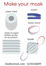 Instruction of making medical mask by yourself, because of absence in pharmacy. Coronavirus infection, quarantine in whole world. Vector stock illustration in cartoon style.