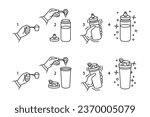 Instruction for making protein whey shake line icons. A hand shaking a sport shaker. A hand shaking a bottle. Protein line icons. Protein shaker vector illustrations. Sports food for bodybuilding.