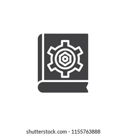 Instruction manual book vector icon. filled flat sign for mobile concept and web design. Book with gear simple solid icon. Symbol, logo illustration. Pixel perfect vector graphics