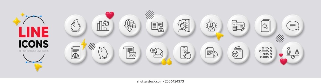 Instruction manual, Chat and Equity line icons. White buttons 3d icons. Pack of New mail, Search files, Chemistry lab icon. Mail letter, Hold document, Fire energy pictogram. Vector