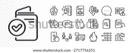 Instruction manual, Chat and Equity line icons for web app. Glare of light effect. Message icon. Pack of New mail, Search files, Chemistry lab pictogram icons. Vector