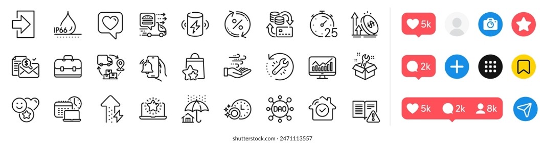 Instruction manual, Dao and Spanner line icons pack. Social media icons. Login, House security, Dishwasher timer web icon. Best laptop, Home insurance, Portfolio pictogram. Vector