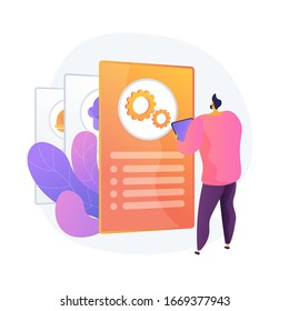 Instruction manual, guide. Document with cogwheel isolated design element. Male character analyzing file. Business analysis, data processing, updating. Vector isolated concept metaphor illustration