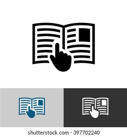 Instruction manual icon. Open book pages with text, images and hand pointer cursor symbol.